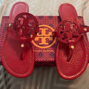 Tory Burch red Miller leather flip flops, size 9.5